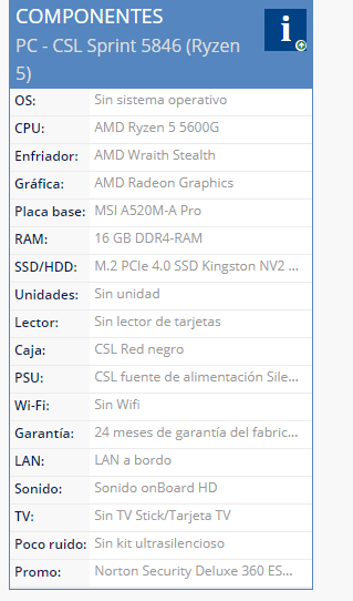 PC CSL Sprint 5846 AMD Ryzen 5 5600G, 16 GB DDR4-RAM, SSD Kingston NV2 de 500 GB por 284,90€