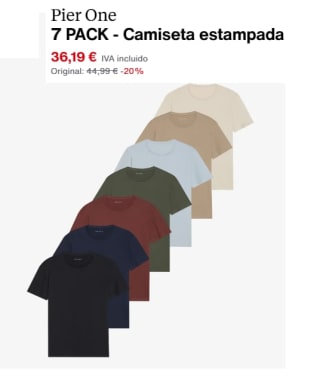 Pack de 7 Camiseta Basicas de Hombre Pier One por 30.76€