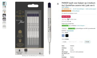 6-pack Parker QuinkFlow Refill zwarte inkt medium voor €9,29 bij Amazon