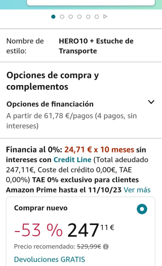 GoPro HERO10 Black Cámara de acción por 247,11€.