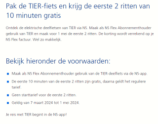 Krijg de eerste 2 ritten van 10 minuten gratis met de Tier Fietsen met NS-Flex