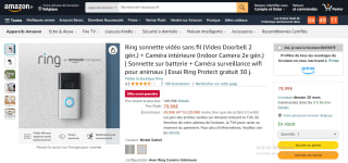 sonnette vidéo sans fil Ring + Caméra intérieure à 79,99€