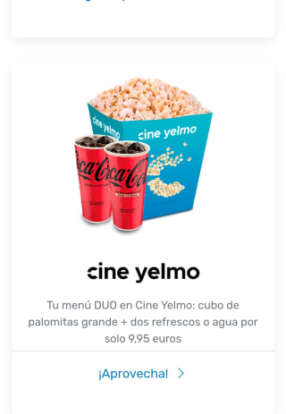 Menú Dúo cines Yelmo Cubo palomitas saladas y 2 refrescos o 2 aguas 1 litro por sólo 9,95€ canjeando 10 puntos Travel Club