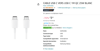 Samsung USB c to USb c kabel voor €3,62 bij Amazon