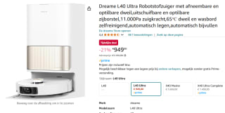 Dreame L40 Ultra - Robotstofzuiger met Dweilfunctie voor €949 bij Amazon