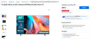 TV QLED 43 pulgadas Hisense 43E78HQ, 4K UHD por 269€