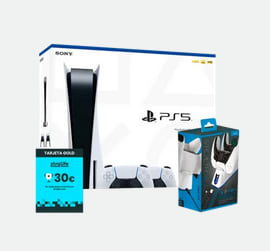 PS5 Consola + 2 Mandos DualSense + Tarjeta Regalo Gold 30€ + Base de Carga Dual para Mandos Blanca