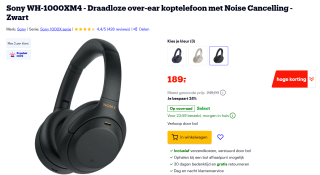 Sony WH1000XM4 Noise Cancelling draadloze Bluetooth headset voor €189 bij Bol