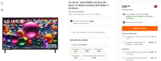 LG LED 43″ 43UA75006LA 4K Ultra HD Smart TV WebOS AirPlay2 por 299€ y la 55 pulgadas por 389€