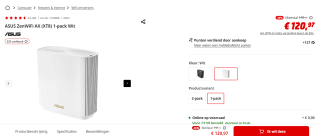 ASUS ZenWiFi XT8 - Mesh WiFi - AiMesh - Wifi 6 - Wit - 1-Pack voor €120,97 bij de Mediamarkt