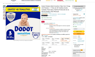 Dodot Pañales Bebé Sensitive Talla 3 6-10kg 224 Pañales + 1 Pack de 40 Toallitas Gratis por 51,31€