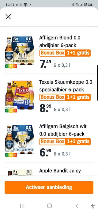 1+1 gratis op bv Texels, Affligem en Apple Bandit 0,0% bier bij de AH