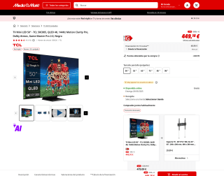TV Mini LED 50" TCL 50C805 QLED 4K 144Hz Motion Clarity Pro Dolby Atmos Game Master Pro 2.0 por solo 449,10€