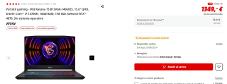 Portátil gaming MSI Katana 15 B13VGK-1406XES, Intel Core i7-13700H, 16GB RAM, 1TB SSD por 1.146,65€