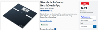 Báscula de baño con HealthCoach-App con determinación de peso, grasa corporal, agua corporal, masa muscular, masa ósea y necesidad de calorías en kcal. por 12.99€