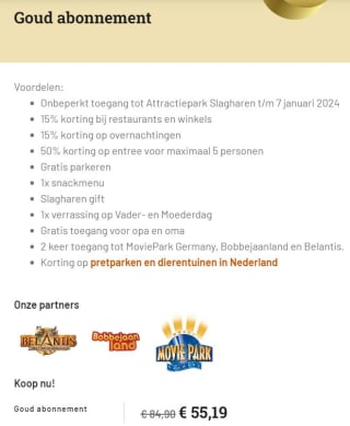 Gold abonnement Slagharen voor €55,19