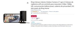 Ring Cámara interior (Indoor Camera 2.ª gen.) | Cámara de vigilancia wifi con enchufe para mascotas | Vídeo 1080p HD, comunicación bidireccional, cubierta de privacidad | 30 días gratis de Ring Home por 29.99€