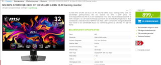 MSI MPG 321URX QD-OLED 32" 4K Ultra HD 240Hz OLED Gaming monitor voor €899 bij Megekko
