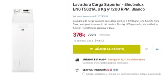 Lavadora Carga Superior - Electrolux EN6T5621A, 6 Kg y 1200 RPM, Blanco por 356€