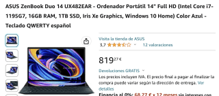 ASUS ZenBook Duo 14 UX482EAR con Intel Core i7-1195G7, 16GB RAM, 1TB SSD por 819,72€