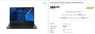 Ordenador Portatil Acer Extensa 15 EX215-22 Ryzen 3 8GB 256GB 15.6 por 269.9€
