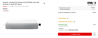 Proyector Samsung The Premiere SP-LSP7TFAXXE, Láser UHD 4K, Smart TV por 1.529,15€