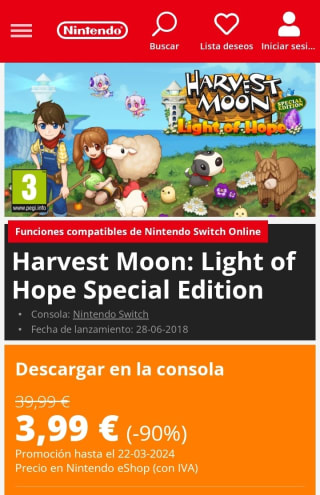 Harvest Moon: Light of Hope Special Edition Nintendo Switch por 3,99€.