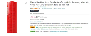 3 Maybelline New York, Pintalabios efecto Vinilo Superstay Vinyl Ink, Vinilo fijo, Larga Duración, Tono 25 Red-hot por 14.87€