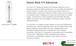 DYSON V11 Advanced Steelstofzuiger incl. kruimelzuiger Paars voor €483,76 bij Proshop