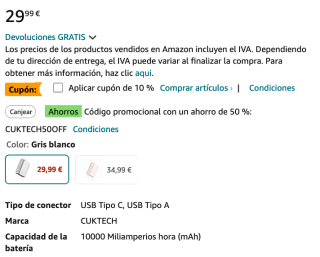 Banco CUKTECH Mini de energía 30W a tan solo 11,99€