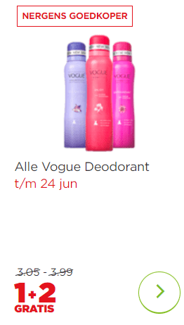 Alle Vogue deodorant 1+2 gratis bij de Plus