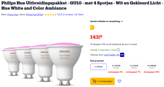 Philips Hue GU10 Uitbreidingspakket (4 spotjes) voor €143,18 bij Bol