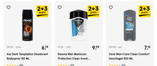2+3 Gratis Axe, Vaseline, Rexona, Dove, Robijn, Andrelon bij de Etos