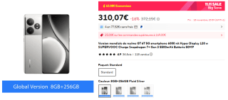 Smartphone 6.78" Realme GT 6T 5G - AMOLED 120 Hz, 8Go Ram, 256Go, 120W, 5500 mAh à 310,07€