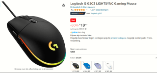 Logitech G203 LIGHTSYNC - Bedrade Gaming Muis - RGB verlichting - voor €19,90 bij Amazon