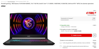 Ordenador Portátil gaming - MSI Katana 15 B12VGK-028XES, 15.6" Full HD, Intel® Core™ i7-12650H, 16GB RAM, 512GB SSD, GeForce RTX™ 4070, FreeDos por 1189.15€