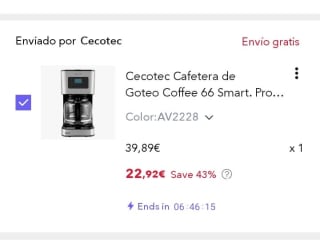 Cecotec Cafetera de Goteo Coffee 66 Smart por 22,92€.
