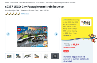 LEGO City Treinen Passagierssneltrein voor €89,99 bij Toychamp
