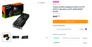 Tarjeta Gráfica Gigabyte GeForce RTX 5070 Ti WindForce SFF 16GB GDDR7 DLSS4 por 849,95€