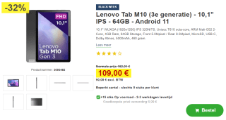Lenovo Tab M10 (3e generatie) (10,1", IPS, 64Gb) voor €109 bij Proshop