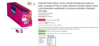 23 sobres Vitakraft Poésie Délice, Junior, Comida húmeda para Gatos en sobre, pechuga de Pavo en Salsa 85gr por 10,08€