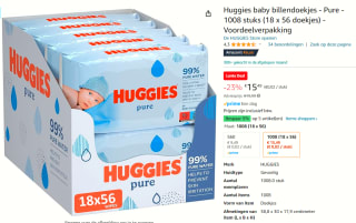 Huggies billendoekjes Pure 18 x 56 doekjes voor €15,49 bij Amazon