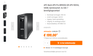 APC Back-UPS PRO 900VA noodstroomvoeding 5x stopcontact, USB voor €199 bij Nbb