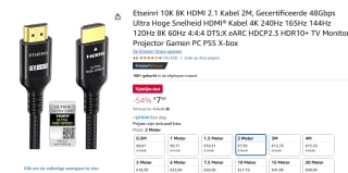 Etseinri 10K 8K HDMI 2.1 Kabel 2M voor €7,59 bij Amazon