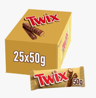 Twix Chocolatina con Galleta crujiente y suave caramelo recubiertos de chocolate con leche (25 x 50g) por 10,71€