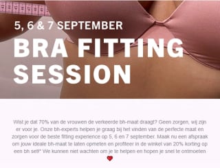 20% korting op een bh set als je een afspraak maakt om je bh-maat te laten opmeten bij Hunkemöller