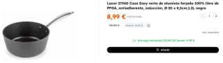 Cazo Recto Easy de Aluminio forjado100% libre PFOA, Recubrimiento antiadherente TRIcapa, Fondo Full Induction, Mango de Acero Inoxidable, Ø 20 x 8,5cm de 1.2L por 8.99€