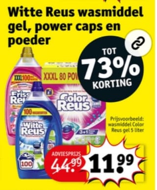 Korting bij Kruidvat op witte Reus Wasmiddel gel, power Caps en poeder