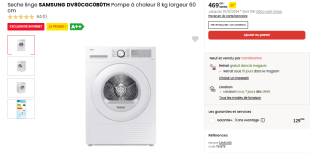 Sèche linge SAMSUNG DV80CGC0B0TH Pompe à chaleur 8 kg à 469,99€