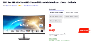 MSI PRO MP341CQ 34" Wide Quad HD 100hz VA monitor voor €197,51 bij Bol